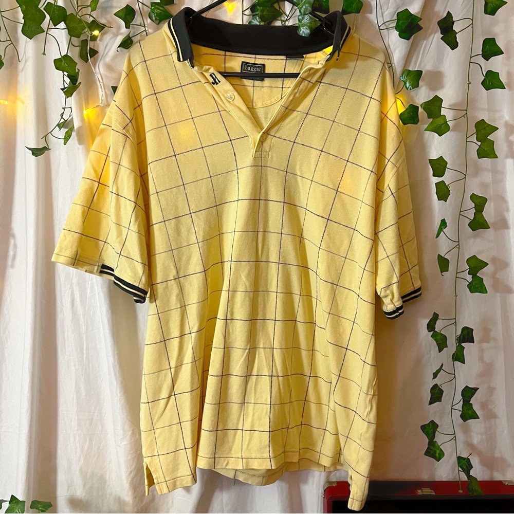 HAGGAR | Golf Collared Cream Plaid Casual Men's Polo Shirt- Size XXL